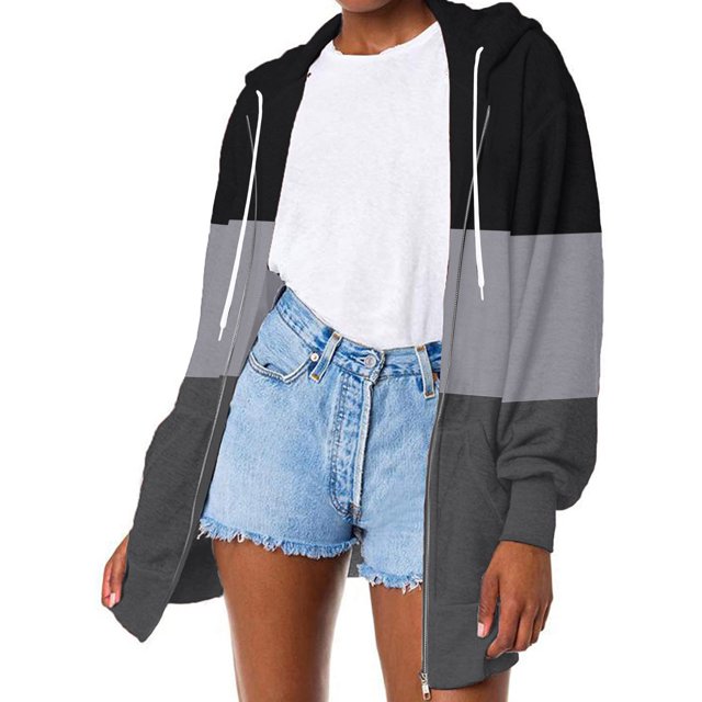 Chandails à Capuche Zippés pour Femmes Rabais de 50 % en Liquidation Mode Décontractée à Agencement de Couleurs Chandail à Capuche à Manches Longues Veste