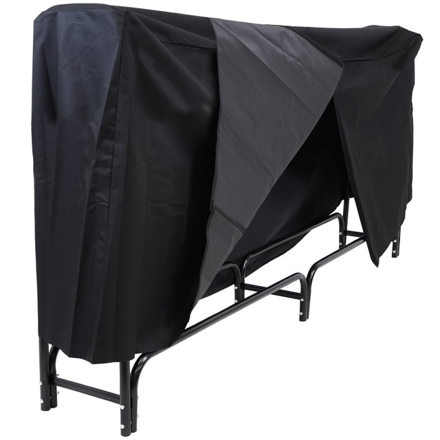 Sunnydaze Support de Porte-Bûches de Bois en Acier pour l'Extérieur avec Housse de Porte-Bûches en Polyester Robuste Résistante aux Intempéries - 8 Pieds - Noir. l'Image Montre une Grille de Bois durable Fabriquée en Acier Tubulaire de 30 mm avec une Finition Enduite de Poudre Noire pour Résister à la Rouille et à l'Usure Extérieure. Elle Comprend une Housse en Polyester Résistante aux Intempéries avec un Revêtement en PVC Imperméable, des Attaches à Crochets et Boucles et des Sangles à Bascule pour une Fermeture Sécurisée et un Accès Facile. la Grille Tient jusqu'à 1 Corde de Bois sur la Face et Mesure 96 Pouces de Large