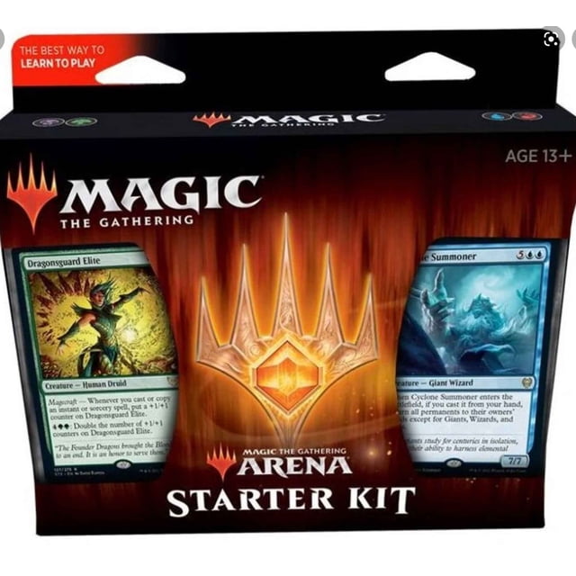 Magic: The Gathering 2021 Arena Starter Kit featuring a boxed set with two visible cards, Dragonsguard Elite and Cyclone Summoner, displayed on the front. The packaging highlights the kit as suitable for players aged 13 and up and includes everything needed to play your first game of Magic: The Gathering.