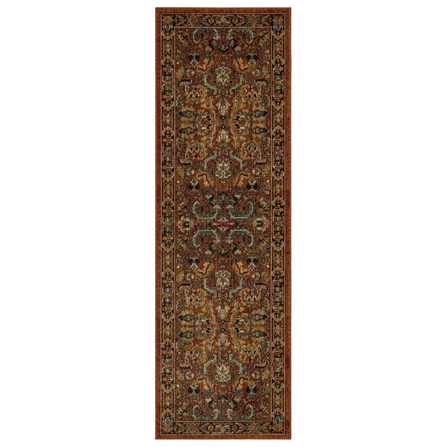 Mohawk Home Tansey Tapis en Polyester Tissé Rouge avec Motifs Traditionnels de Fleurs et de Vignes en Rouge, Beige et Bleu Foncé, Tissé à la machine avec Poil Profil Bas et Endos en latex Transparent pour la Durabilité et la Résistance aux Taches, Idéal pour les Coureurs à Fort Passage.