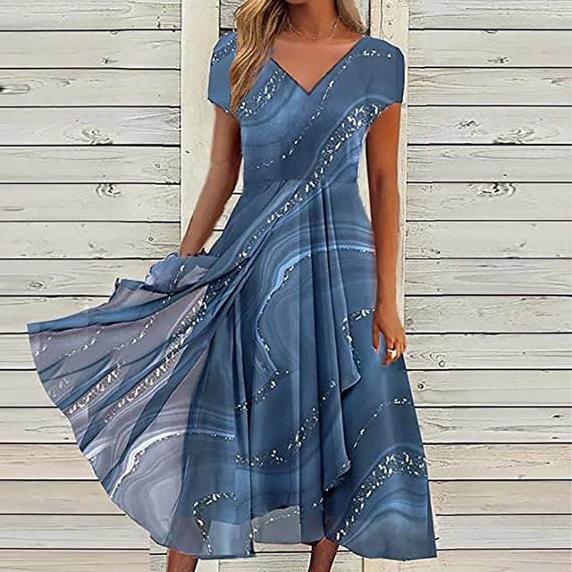 Fshaion Robe d'Été pour Femmes 2024 Grande Taille pour Imprimé Floral à Manches Courtes Robe à Col en V Robes Plissées Fluides Liquidation à Moins de 10!