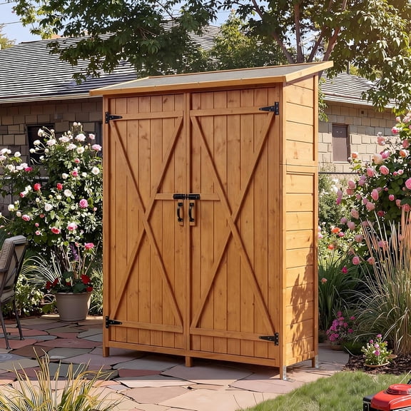 Large Outdoor Storage Cabinet–Wooden Garden Shed with 2 Adjustable Shelves, Lockable Doors, Waterproof Roof & Floor for Patio, Backyard, Deck, Lawn Organization