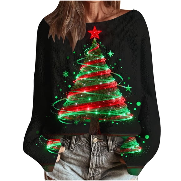 RXMEKW Christmas Graphic Knit Pullover for Women Long Sleeve Casual Sweater with Round Neck in Red