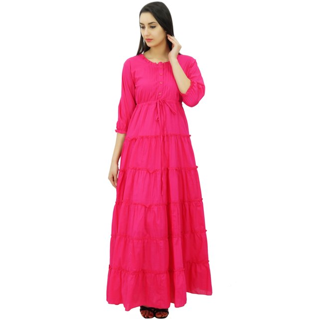 Bimba Women's 3/4 Sleeve Summer Cotton Maxi Dress Drawstring Waist