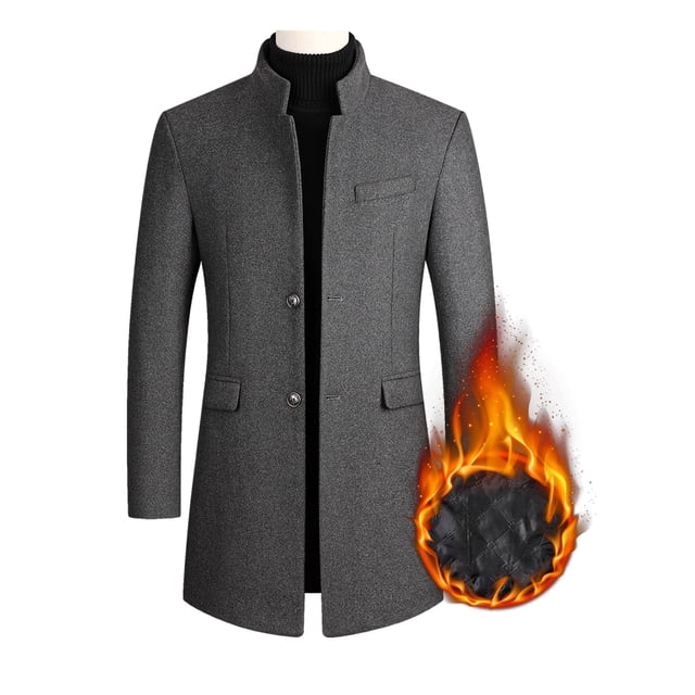 UKAP Men Pea Coat Solid Color Trench Coats Lapel Jacket Mid Length Work Outwear Gray (thickened) 2XL