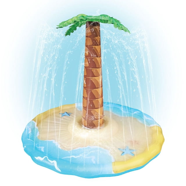 Splash Buddies Inflatable Palm Tree Sprinkler Splash Pad with a 43-inch tall inflatable palm tree featuring a brown segmented trunk and green leaves, set on a multicolour inflatable base designed like a sandy island with blue water edges and starfish, spraying water streams outward, made of ultra-durable PVC with leakproof valves, ideal for outdoor backyard games and easy hose attachment.