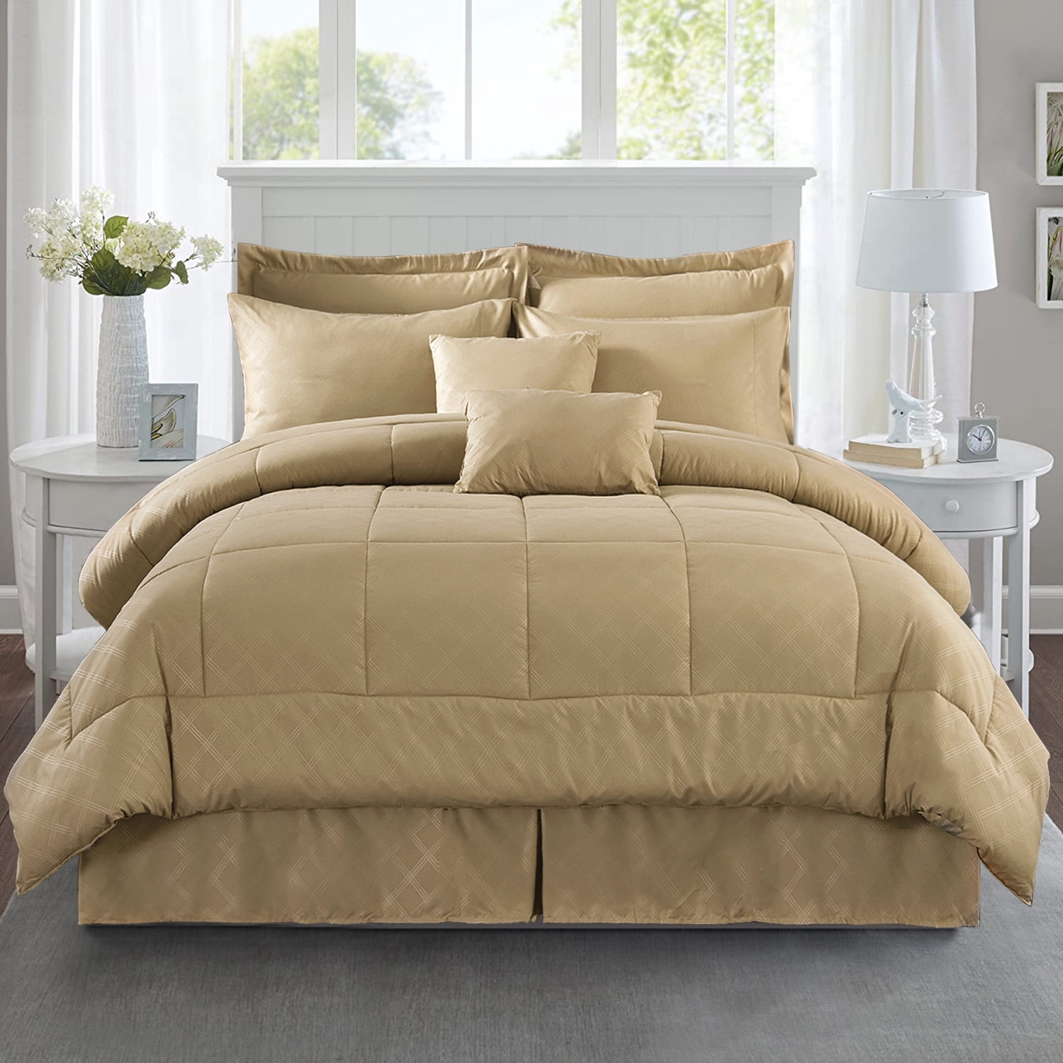 JML Ensemble de Literie 8 Pcs Matelassé Diamant avec Draps, Simple, Taupe