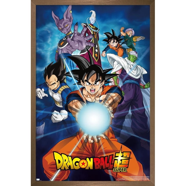 Dragon Ball Super - Groupes Affiche Murale, 22,375 Pouces x 34 Pouces Encadrée, Représentant des Personnages Principaux Incluant Goku en gi orange Exécutant une Explosion d'Énergie, Vegeta en Armure Bleue, Piccolo en Violet et Blanc, Trunks en Vert, Beerus avec Peau Violette, et Whis en Peignoirs Rouges et Noirs, le Tout sur un Fond d'Énergie Bleu. le Cadre en Bois et la Finition Satinée de Qualité Supérieure le Rendent Léger et Facile à Accrocher, Idéal pour la Déco des Chambres