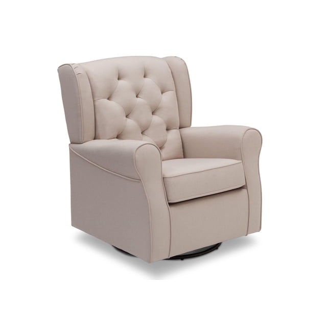 Delta Children Emma Glider in beige fabric with diamond tufted wingback, thickly padded armrests, and cushioned seat, featuring a sturdy swivel base for smooth gliding, rocking, and nursery use as a baby rocking chair.