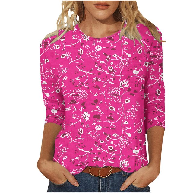 Hauts à Manches 3/4 pour Femmes Mode T-Shirt Imprimé Mi-Longueur Blouse à Manches 3/4 Col Rond Hauts Décontractés T-Shirts en Coton pour Femmes T-Shirts à Manches 3/4 pour Femmes