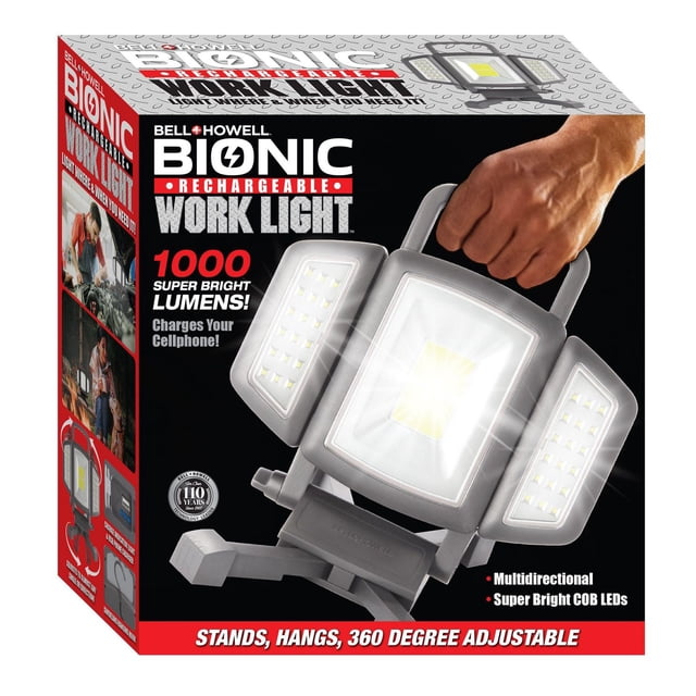 Bell + Howell Bionic Noir 1 Pièce Lampe de Travail DEL COB Double Portable Multi Position 1000 Lumens Rechargeable Étanche