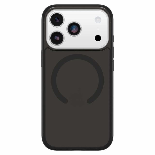 OtterBox Symmetry Clear MagSafe Case w/Camera Control Black Mist (Black) for iPhone 17 Pro, rear view showing a slim transparent black mist case with built-in MagSafe magnets, raised edges protecting the triple camera module, tactile side buttons, and anchors for straps or charms, ideal for seamless MagSafe charging and camera control.