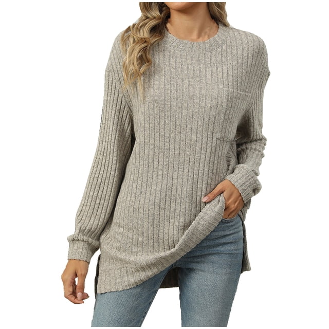 yoeyez Tunique en Tricot pour Femmes, Chandails à Manches Torsadées Patchwork, Col Ras du Cou Raglan, Chemises à Manches Longues, Hauts de Mode d'Automne 2024, Beige, M