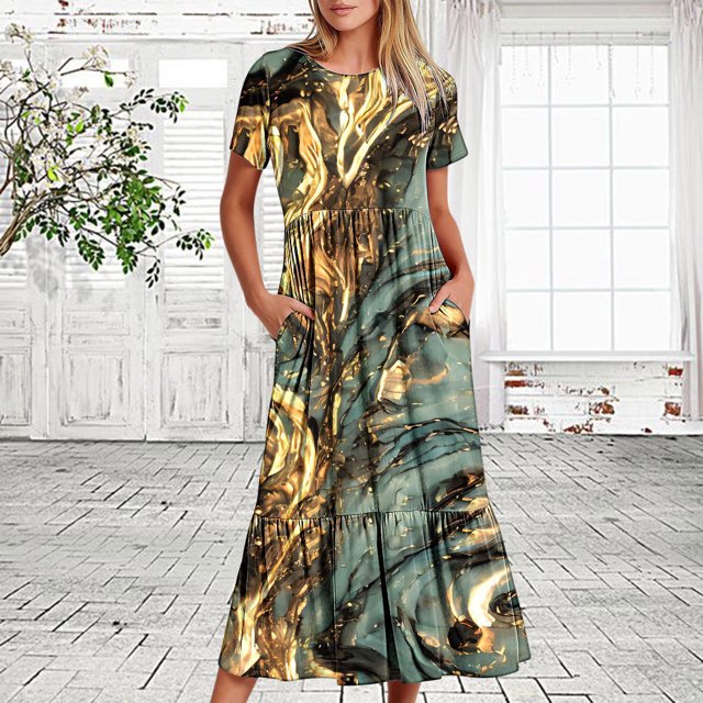 Robes d'Été Grande Taille pour Femmes 2024 Décontractées à Manches Courtes Col Rond Robe Décontractée Fluide à Étages Maxi Robe de Plage avec Poches Robe Imprimée Économisez jusqu'à 65 % de Rabais!