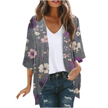 yoeyez Cardigans Kimono pour Femmes Chemisiers à Manches Courtes en Mousseline à Imprimé Floral pour Femmes Amples Légers d'Été pour la Plage Couvre-Maillot Multicolore, TG