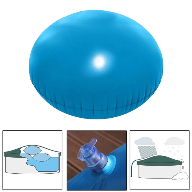 Yhmxh pool cushion with 4 eyelets, designed for pool and winter tarpaulin use. The inflatable cushion, shown in a vibrant blue color, measures approximately 120 x 120 cm uninflated and 100 x 100 x 55 cm when inflated. The image highlights its durable, tear-resistant material and secure valve for inflation. Additional illustrations demonstrate its use in preventing water accumulation on pool covers during heavy rain or snow.