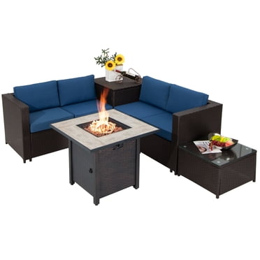 Patiojoy 5-Piece Patio Furniture Set with 30 Inches Gas Fire Pit Table Outdoor PE Wicker Conversation Sectional Sofa Set with Cushions Navy
