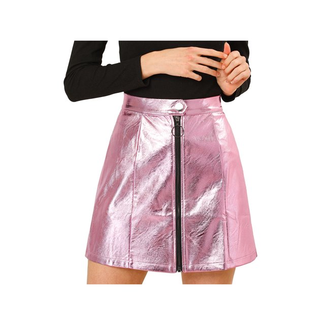 Unique Bargains Jupe Courte Mini Holographique Taille Haute à Fermeture Éclair Métallique devant pour Femme