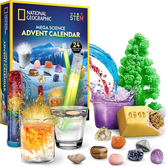 NATIONAL GEOGRAPHIC Science Kit & Rock Collection Advent Calendar 2025 – Calendrier de l'Avent Jumbo avec 24 Jours d'Expériences Scientifiques, Pierres Précieuses &