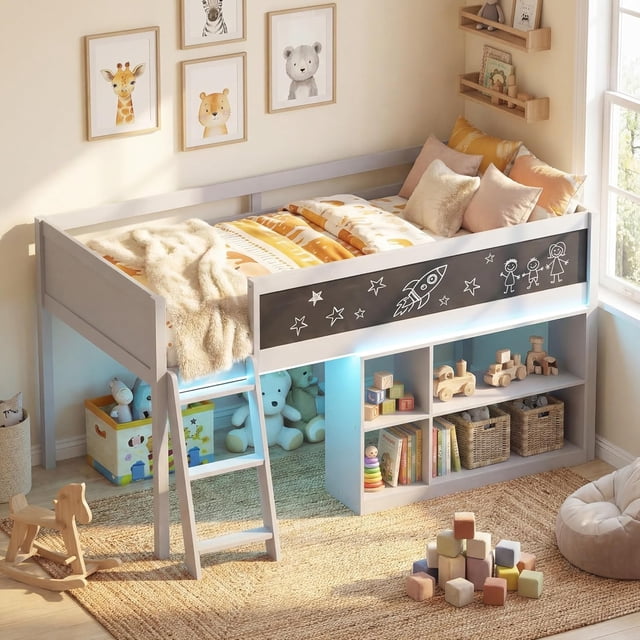 Twin Low Loft Bed with LED Lights, Wooden Bed Frame with Chalkboard, Safety Guardrail & Ladder, Twin Kids Bed Frame with Removable Bookshelf and Under-Bed Storage Space (Grey)