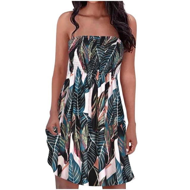 Pompotops Robe Sans Bretelles à Bande Élastique Style Bohème pour Femme Robes Robe Sans Manches à Imprimé Floral