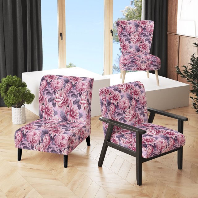 Designart "Pink Peony Serenade" Pink Floral Upholstered Accent Chair - Cottage Arm Chair For Bedroom