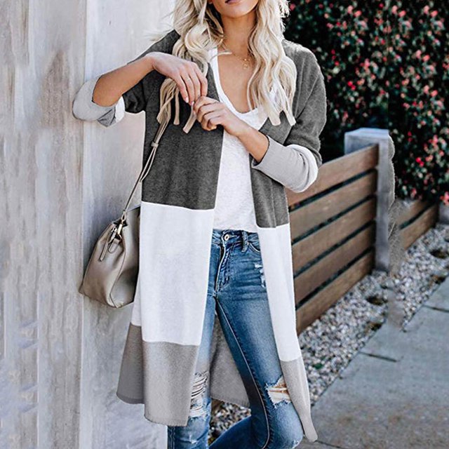Boho Cardigan Ladies Paneled Contrast Striped Pocket Cardigan Long Jacket on Clearance