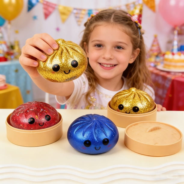 Squishy Dumpling Avec Boîte Vapeur – Boulette Pailletée Anti-Stress, TPR Souple – Cadeau Pour Enfants Et Adultes