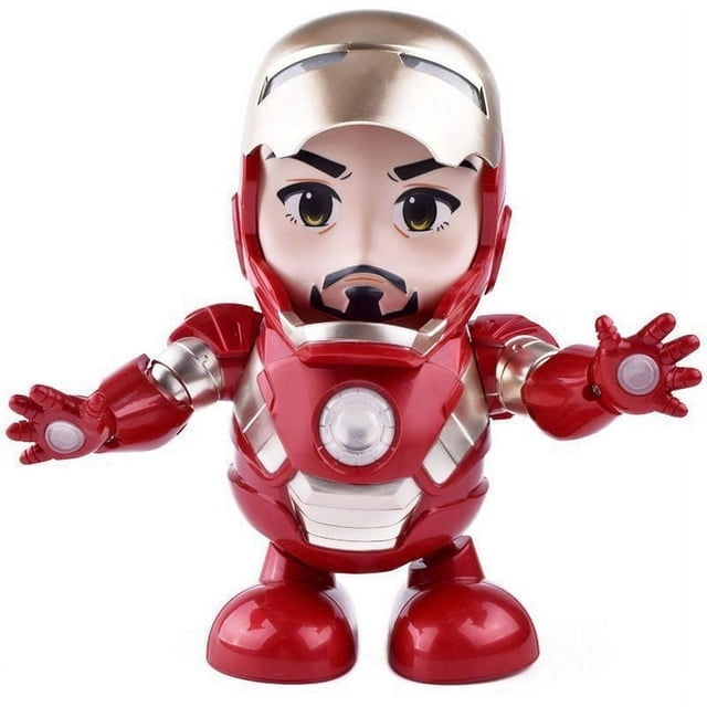 Dancing Iron Man Robot Toy Electric Singing Iron Man Glows Children's Gift. A red and gold robot toy resembling Iron Man with swingable arms, glowing chest light, and metallic texture. Features include music, dance, dazzling lights, and robotic movements. Made from ABS high-grade plastic, ideal for children aged 3 and above. Perfect for STEM learning and technology toy enthusiasts.