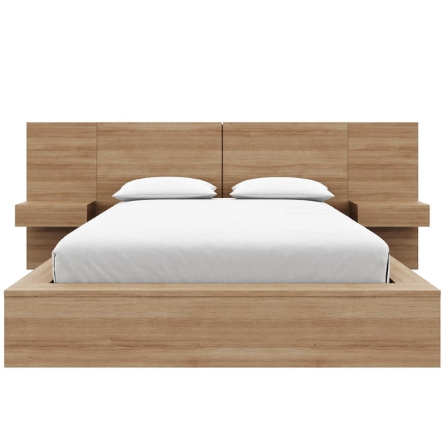 NEXERA JAMES BED SET with a minimalist light wood platform bed, featuring a four-panel rectangular headboard and two floating nightstands with one drawer each, paired with a white mattress and pillows, ideal for modern bedroom decor.