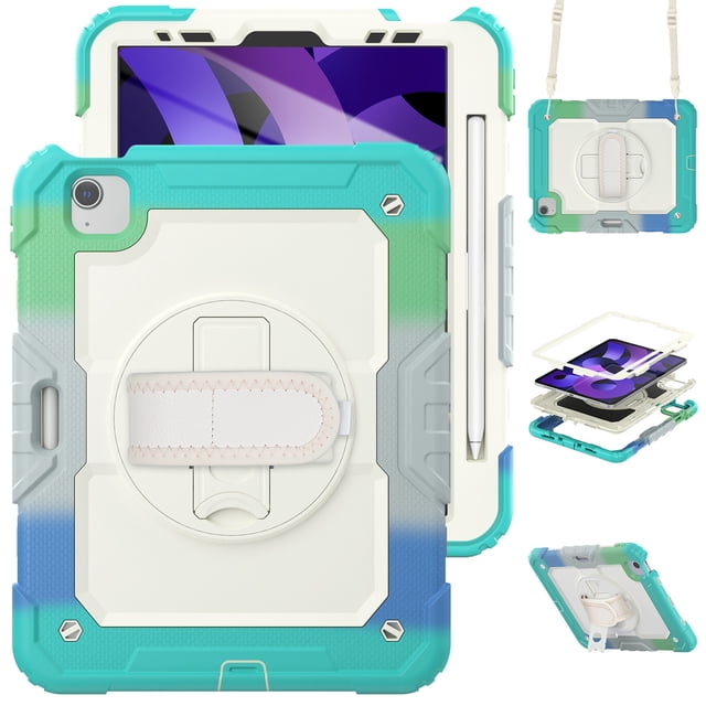 XYX For iPad Air 5th/4th Generation 10.9 inch 2022/2020 Case, 360 Rotating Shockproof Cover with Stand, Screen Protector, Shoulder Strap, Rainbow Blue