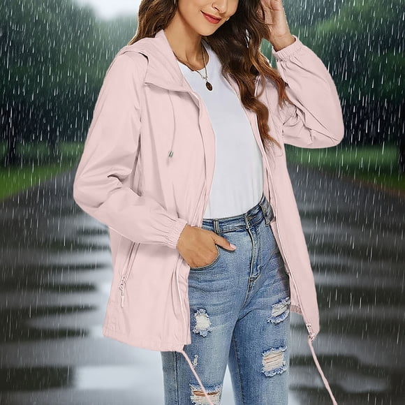 Amzcrzy Womens Rain Jackets Solid Color Hooded Raincoat Long Sleeve Waterproof Zip Up Jackets for Women Lightweight Rain Coats with Pockets S