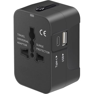 Adaptateur de Voyage, Adaptateur de Voyage Universel Tout-en-un à l'Échelle Mondiale Adaptateur de Prise d'Alimentation CA Chargeur Mural avec Ports de Charge USB-C et USB-A pour USA EU UK AUS Noir