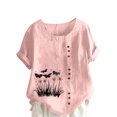 thumbnail image 3 of QATAINLAV Hauts en Coton et Lin pour Femmes 2025 Col Ras du Cou Manches Courtes Retroussées T-Shirt Tendance à Imprimé Floral Blouse Décontractée Coupe Ample Tenues de Vacances Soldes de la Rentrée Rose m, 3 of 5