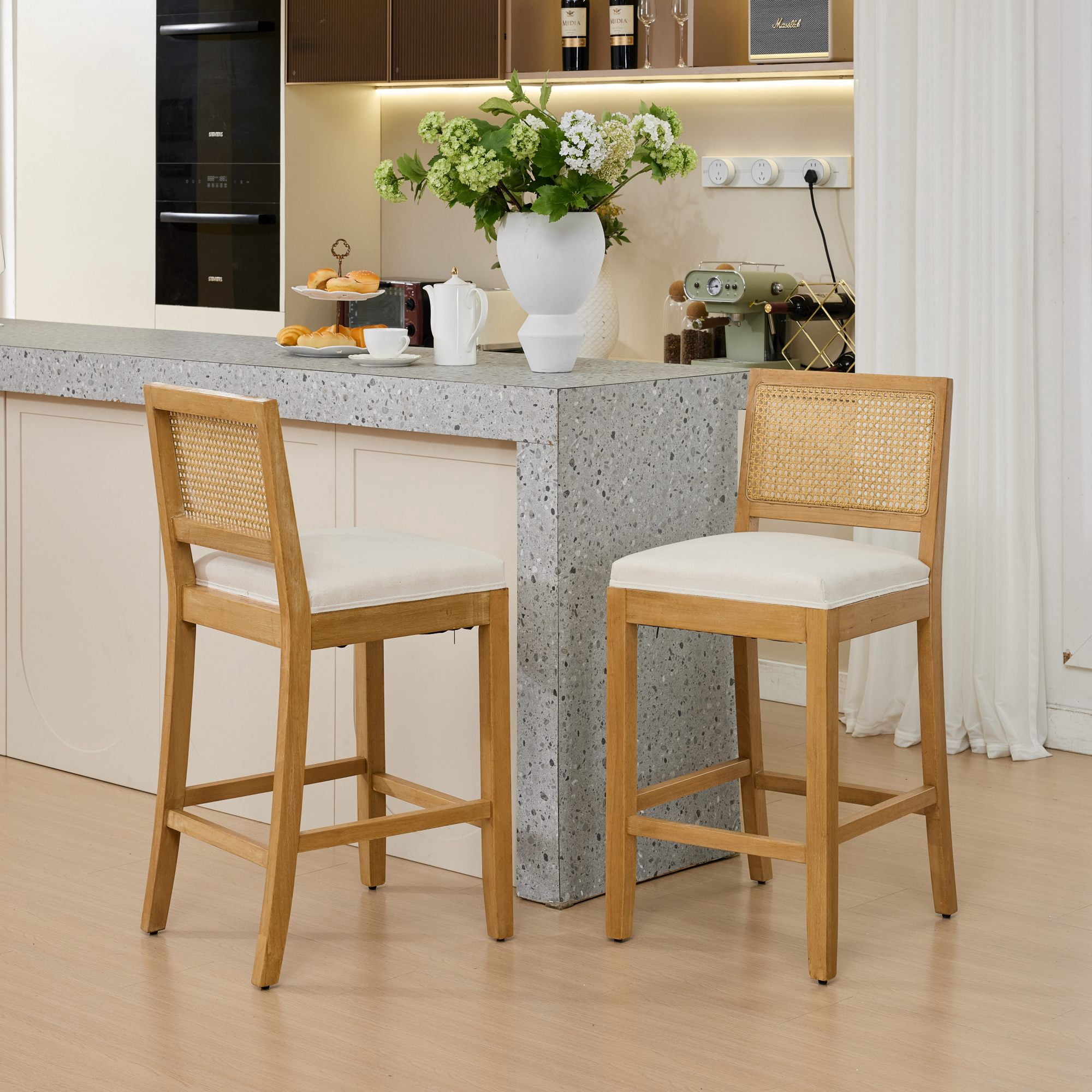 Noble House Full Solid Wood Rattan-Back Bar Stool Set of 2,Matte Linen Cushion with High-Resilience Foam & S-Springs,Beige