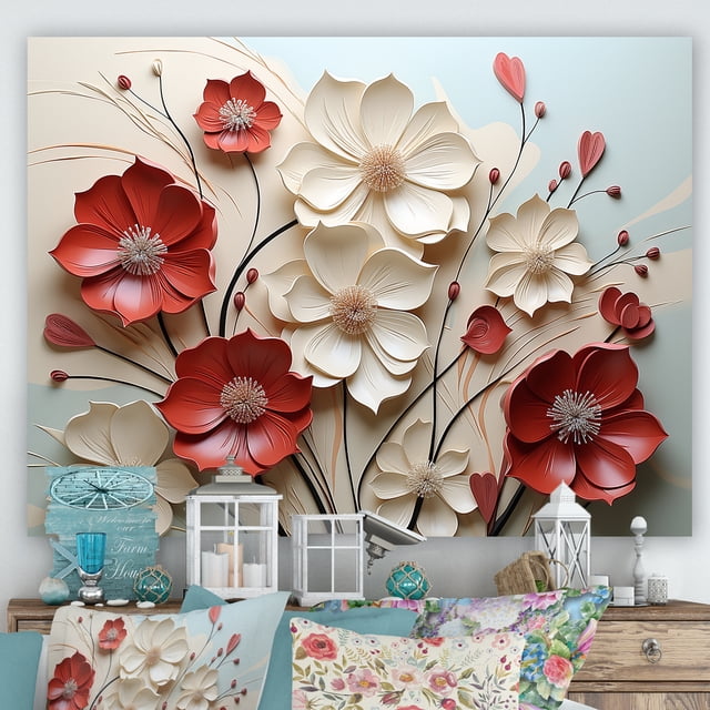 Designart Décoration Murale d'Art Floral avec le design « Double Étreinte de Fleurs Cramoisies Rouges et Blanches ». Cette Toile Murale Extra-Grand Mesure 40x30 Pouces et Met en Valeur des Fleurs Rouges et Blanches Vibrantes avec des Détails Complexes sur un Fond Neutre. la Toile Enveloppée pour Galerie Est Tendue sur un Élargisseur en Bois Robuste, Assurant la Durabilité et une Finition Professionnelle. Exposée dans un Cadre Douillet avec des accents Décoratifs, Cette Oeuvre Murale Est Idéale pour les Salons, les Chambres Ou les Aires de Salle à Manger.