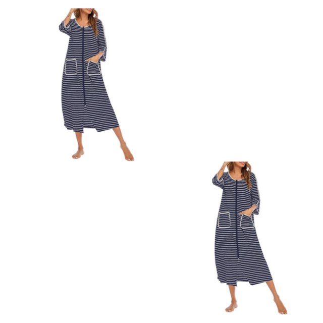yingyy 1/2/3 Polyester Robe de Nuit pour Femmes Décontractée de Remplacement Col Rond Manches Longues Double Poche Respirante Peignoir de Maison Vêtement de Nuit Bleu Foncé S 2 Pcs