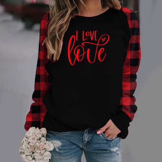 Pisexur Chandail de la Saint-Valentin pour Femme, Mode, Coupe Ample, Imprimé de Cœurs, Blouse à Manches Longues, Col Rond, Chandail Décontracté, Hauts, Blouses