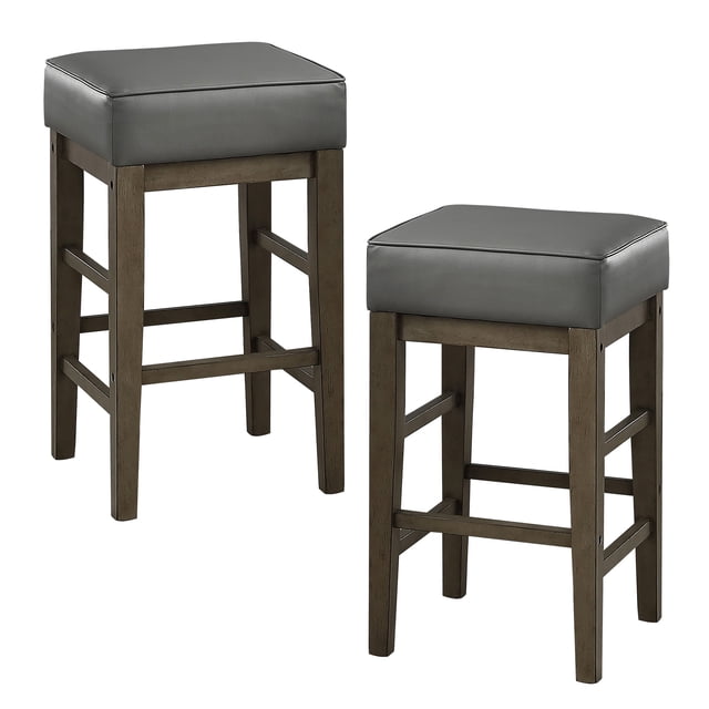 Lexicon 24 Inch Height Wooden Counter Stool Faux Leather Seat Barstool in gray, designed with a durable solid wood frame and faux leather upholstery. Featuring an antique gray finish, these counter-height stools have a seat height of 24 inches and dimensions of 15.5 x 15.5 x 26 inches. This set of two stools is ideal for kitchen or dining spaces, offering a weight capacity of 250 pounds. Light assembly required.