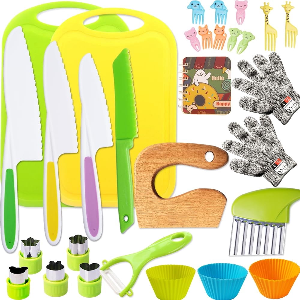 CUITING Kid Safe Knife Tools Toddler Kitchen Set for Real Cooking  Montessori Kids Kitchen Knife Set with Cutting Board Crinkle Cutters Kid Wood Knives  Toddlers Kitchen Tools for Age 3-1