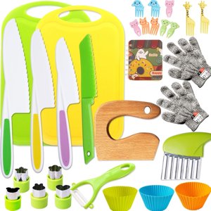 CUITING Kid Safe Knife Tools Toddler Kitchen Set for Real Cooking  Montessori Kids Kitchen Knife Set with Cutting Board Crinkle Cutters Kid Wood Knives  Toddlers Kitchen Tools for Age 3-1