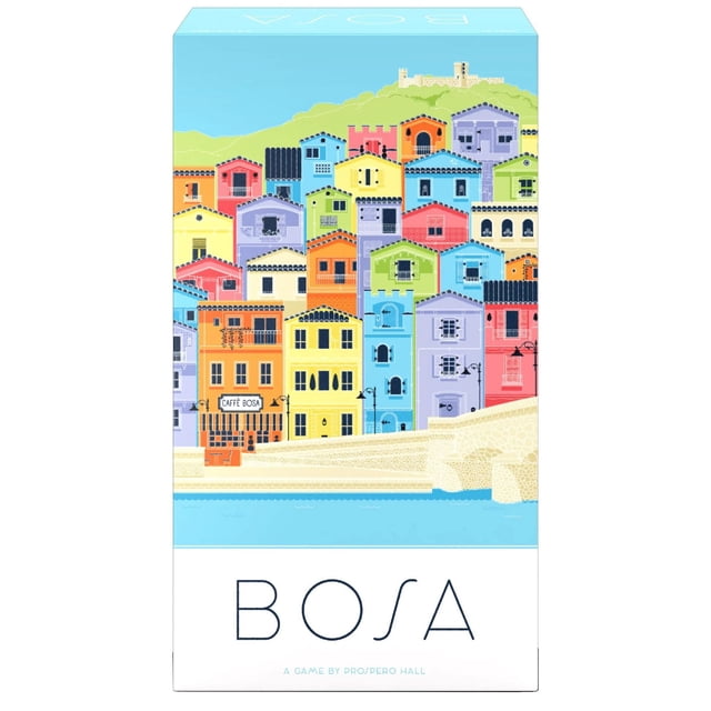 Funko Games Bosa Strategy Game box with colorful Mediterranean-style buildings of Bosa town on Sardinia's west coast, featuring a waterfront promenade and a hilltop castle, illustrating the card game where players build townscapes and earn coins and points.