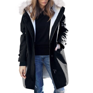 RKSTN Parkas for Women Hooded Zippers Solid Color Medium Length Fleece Jacket Winter Loose Thick Long Sleeve Warm Winter Jacket