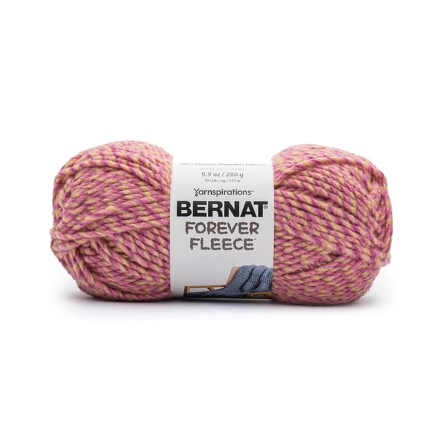 Bernat® Forever Fleece™ Yarn, super bulky #6 weight, 9.9oz/280g skein featuring a twisted pink and yellow polyester fleece texture, suitable for quick knitting or crochet home decor projects and machine washable for easy care.
