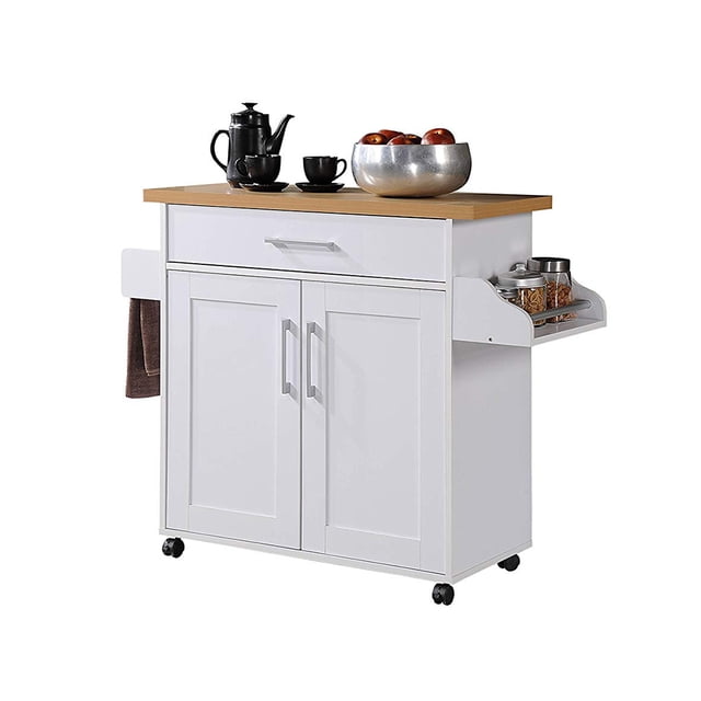 Hodedah Import Wheeled Kitchen Island with Rack & Towel Holder in white and beech finish. Features a spacious top surface, pull-out metal glide drawer, enclosed cabinet with shelves, spice rack, and towel bar. Includes locking casters for stability and measures 44.9 x 15.5 x 35.2 inches.