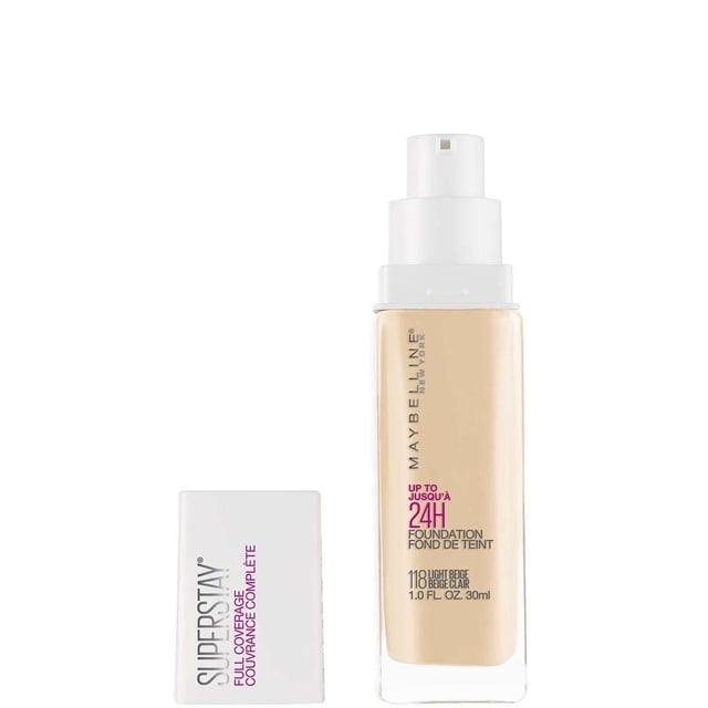 Maybelline New York Super Stay® Full Coverage Foundation, 30 ml in shade 118 Light Beige with white pump dispenser and cap, delivering up to 24-hour wear and full coverage for a flawless, long-lasting makeup finish.