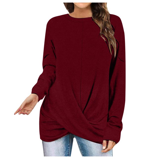 Yuyuzo Tunique Ou Hauts à Porter avec des Leggings pour Femmes, T-Shirts Décontractés à Manches Longues à Col Rond, T-Shirt Torsadé à l'Avant, Blouse