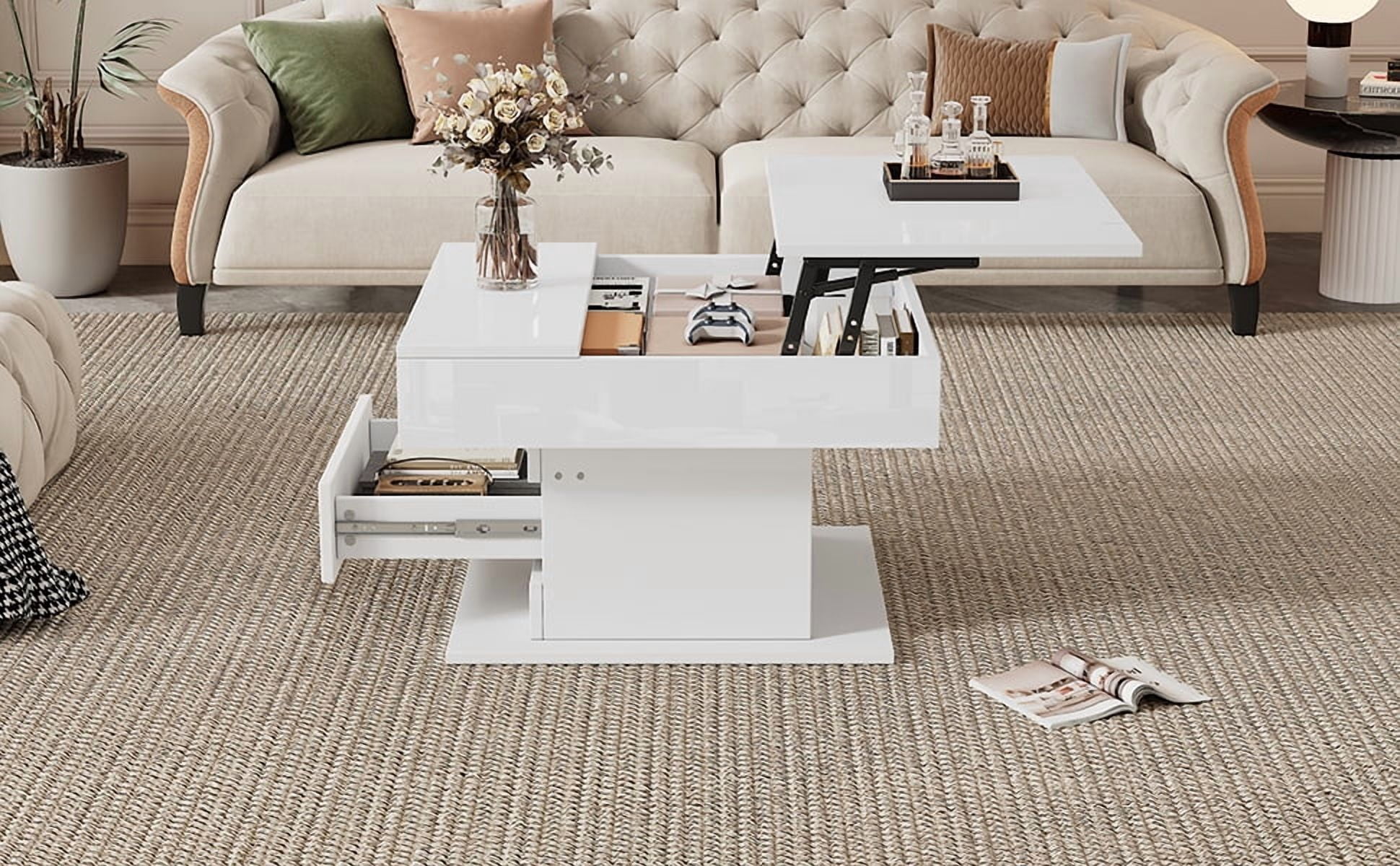 Table basse pivotante Noble House, plateau relevable brillant à 360°, blanche