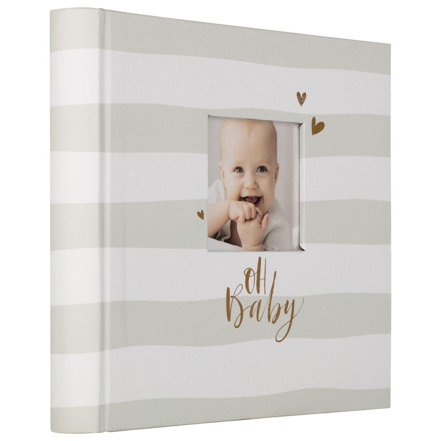 Album photo "Oh Baby" rayé gris et blanc avec cadre de fenêtre de couverture avant