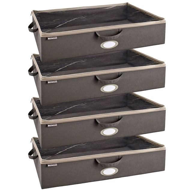 ClosetMaid Fabric Organizer Multiple Item Storage Zip Bag, Charcoal (4 Pk). A set of four rectangular storage bags made from durable, nonwoven polypropylene fabric in a charcoal grey color. Each bag features a zippered cover to protect contents from dust, reinforced side handles for easy portability, and a compact design suitable for under-bed storage or use with ClosetMaid hanging organizer shelves. Ideal for storing shoes, folded garments, purses, and other small to medium items. Dimensions: 30.2 x 5.7 x 20.1 inches.
